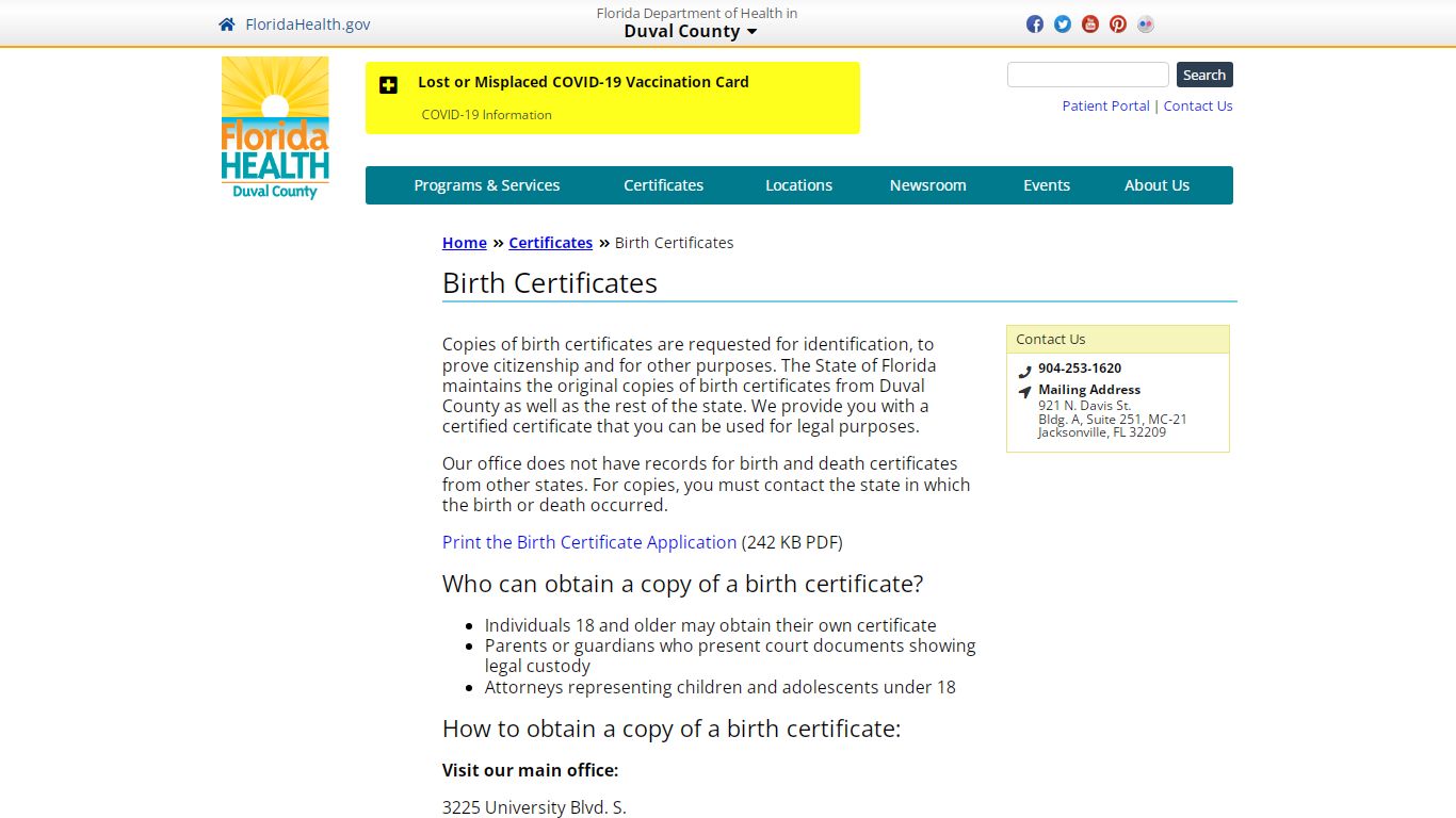 Birth Certificates | Florida Department of Health in Duval