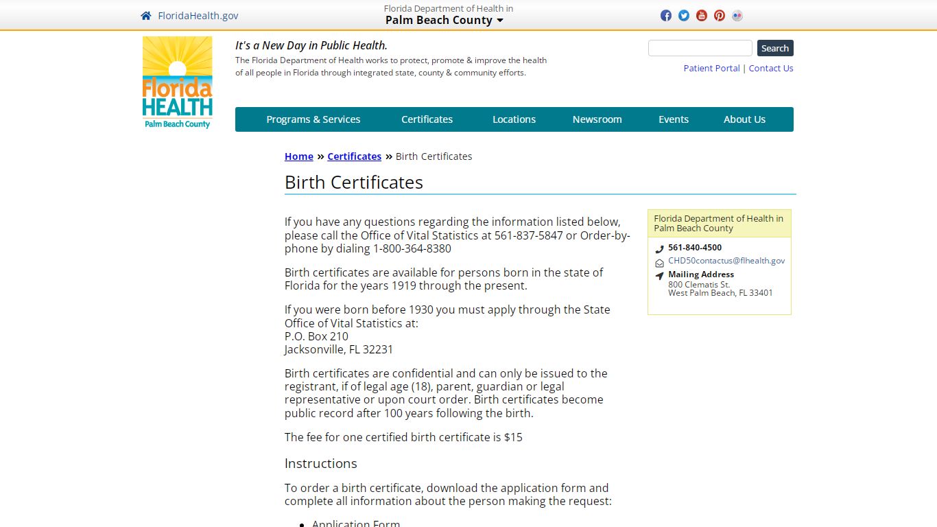 Birth Certificates | Florida Department of Health in Palm Beach